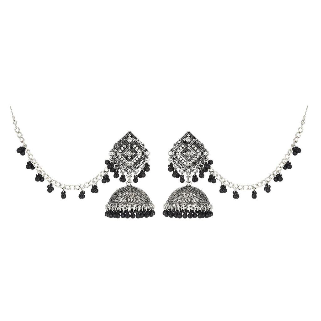 Retro Ethnic Rhinestone Tassel Earrings & Hair Chain Jewelry Set