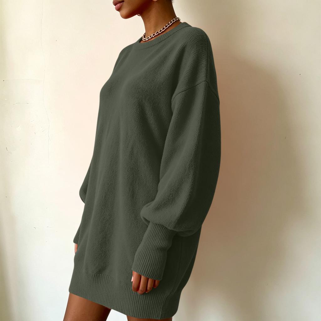 Women's Loose Fit Knit Midi Sweater Dress with Sleeves and Turn-Down Collar