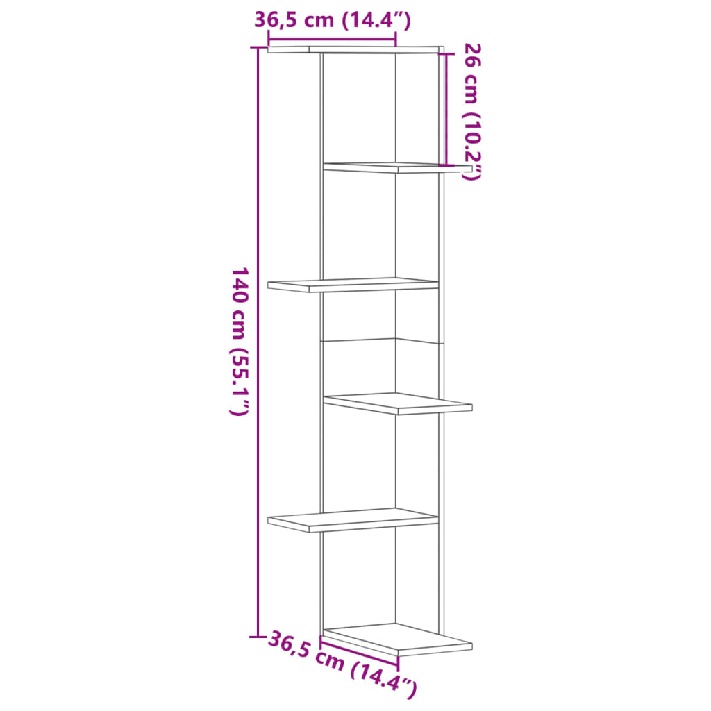 Wall Mounted Corner Shelf Smoked Oak 36.5 x 36.5 x 140 cm Particleboard