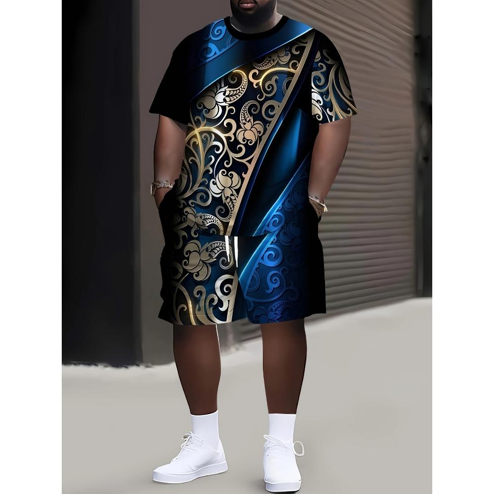 Plus Size Men s Summer Suit, Traditional Pattern Printed Short Sleeve T-shirt and Shorts, Casual Fashion Sports Set Suit, PLUS SIZE S