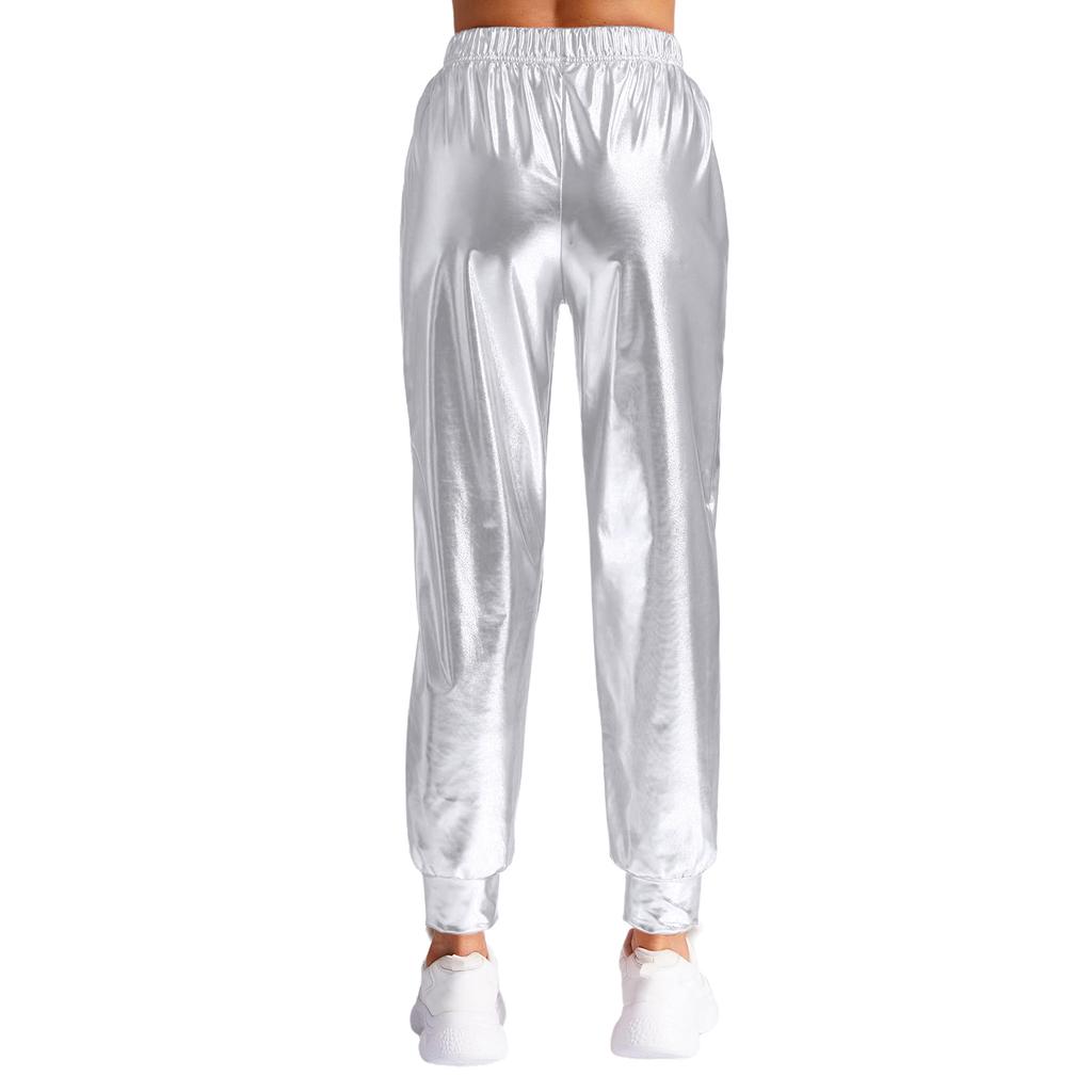 Damen Metallic Tanzhose Hoher Bund Elastischer Bund Lockerer Schnitt Sporthose Glänzender Schimmer Moderne Hose