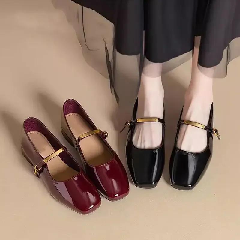 Red Genuine Soft Leather Mary Janes Women's Shoes Spring New Style Retro Hepburn Style Slip-On French Style Patent Leather