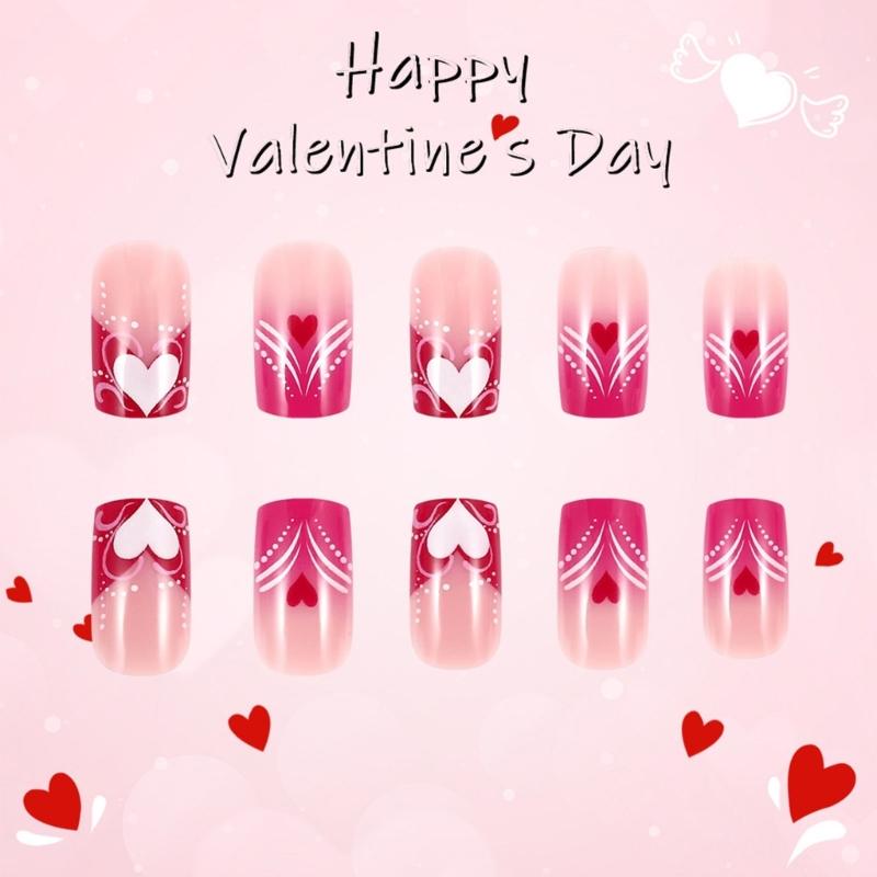 Valentine's Day Press On Nail Colorful Heart Designs Glossy False Nail Romance Acrylic Square Nail for Women 24pcs