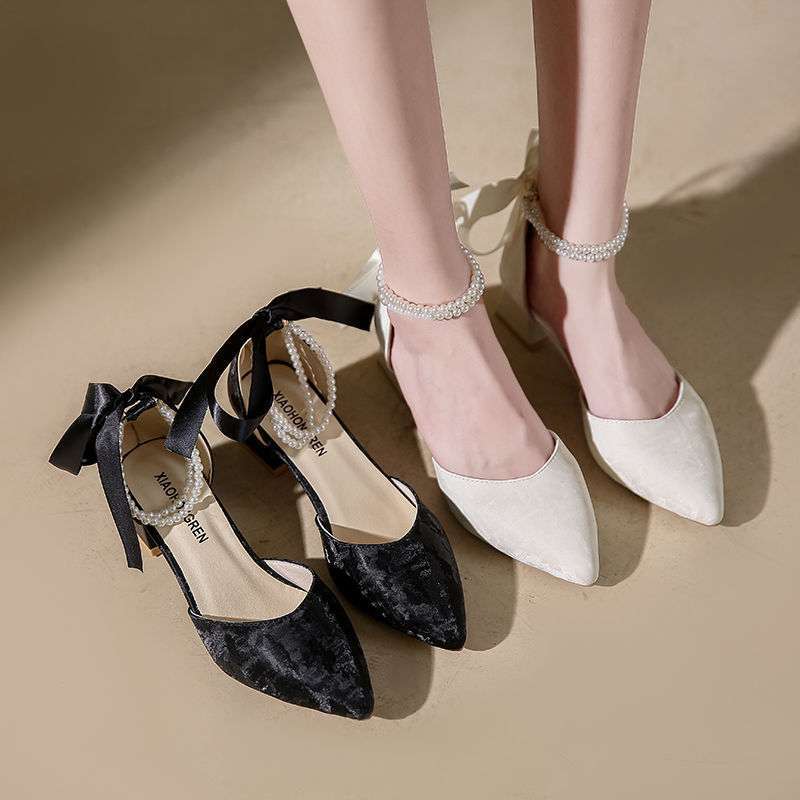 Xiaoxiangfeng high heels women's thick heel medium heel spring and autumn new versatile fairy with skirt hollow single shoes pointed pearl