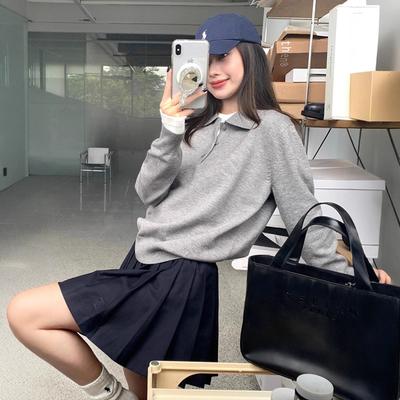 Grauer Strickpullover im College-Stil für Damen, neues Design für Frühling und Herbst, locker geschnitten, gestricktes Oberteil