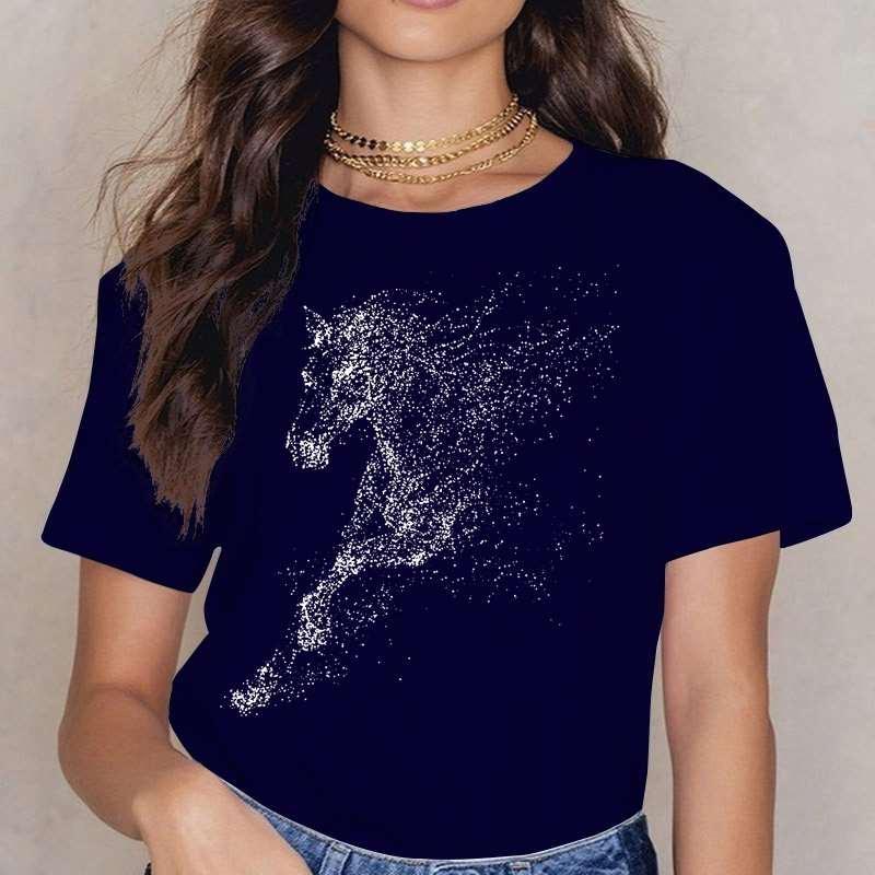 Summer Round Neck 3D Horse Pattern Print Top Fashionable Casual Short Sleeved Women's T-shirts