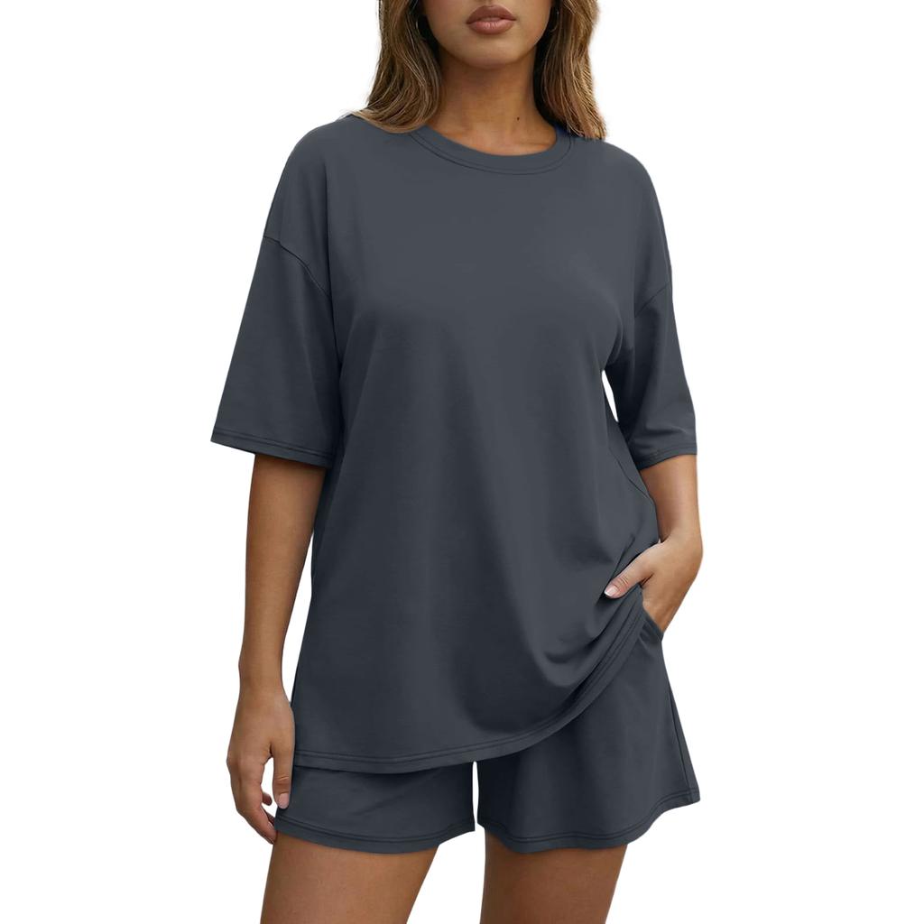 Damen Locker und Modisch Lässig Kurzärmelig Shorts Zweiteiliges Set