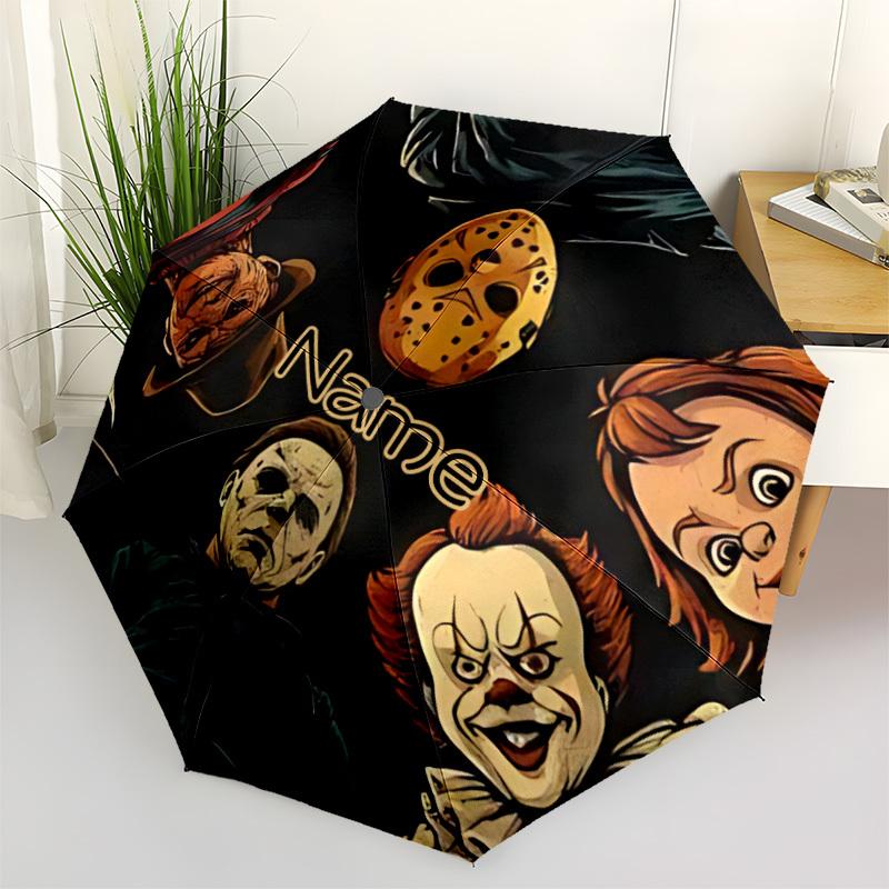 1PC Horror Icons - Custom Name Automatic Folding Umbrella - Compact 8-Rib Design, Durable Plastic & Iron, Daily Use S0106050