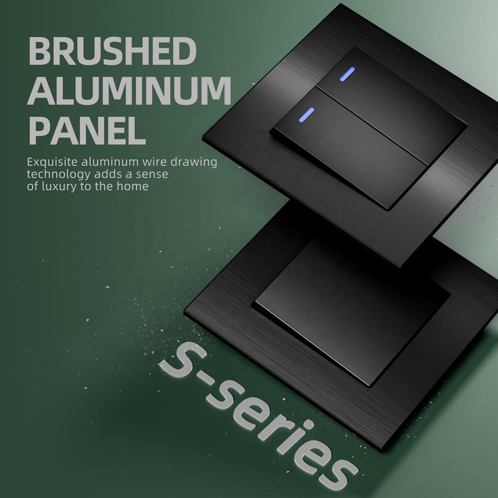 Schwarz Grau Gold Gebürstetes Aluminium Panel Europäischer Standard 2-fach 1-Wege Wandlichtschalter mit LED-Anzeigeleuchte 10A 250V