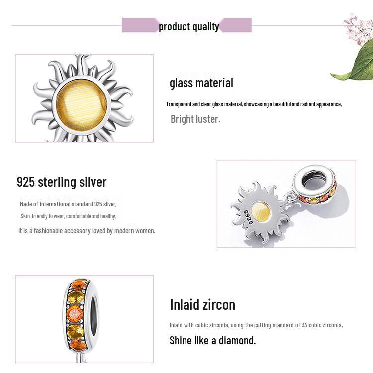 Silver Ziyun Golden Sunburst DIY Bracelet Pendant - Starburst S925 Silver Beaded Jewelry (SCC2210)