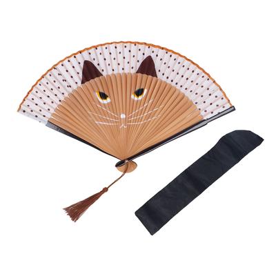 Tecknad Katt Vikbar Fläkt Dam Handhållen Dekorativ Japansk Vintage Bambu med Kvastfodral för
