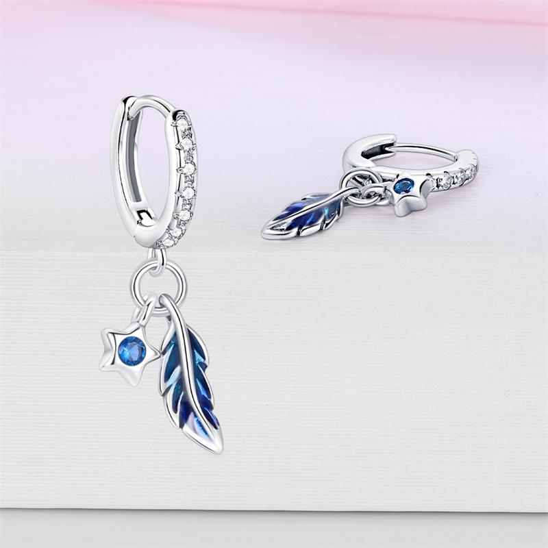 925 Silver Blue Zircon Dreamcatcher Feather Star Moon Cute Claw Hoop Earrings For Women Fine Birthday Jewelry Gifts