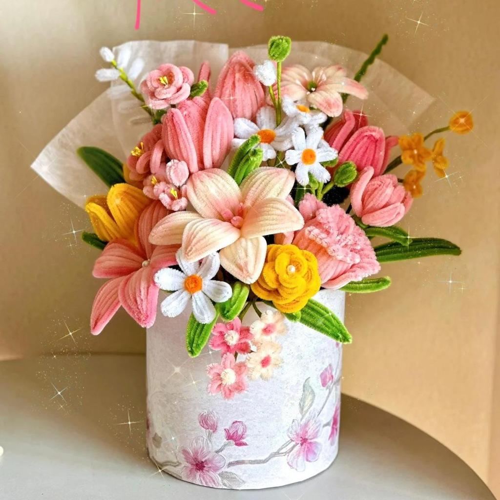 Handmade Pipe Cleaner Rose Bucket Bouquet - DIY Kit & Finished Product for Girlfriends & Best Friends