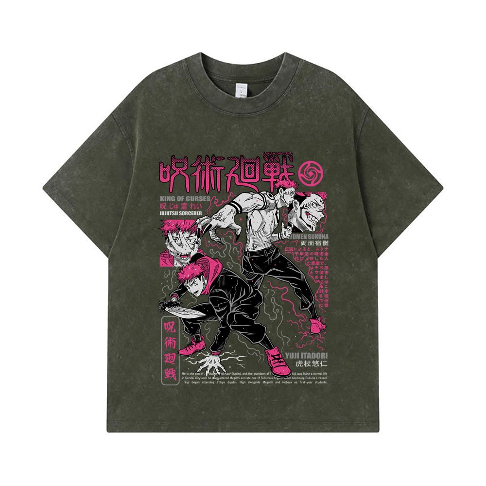 275 GSM Washed T-shirts 100% Cotton Jujutsu Kaisen V34 Yuji Sukuna Print Unisex Heavy Cotton T Shirt