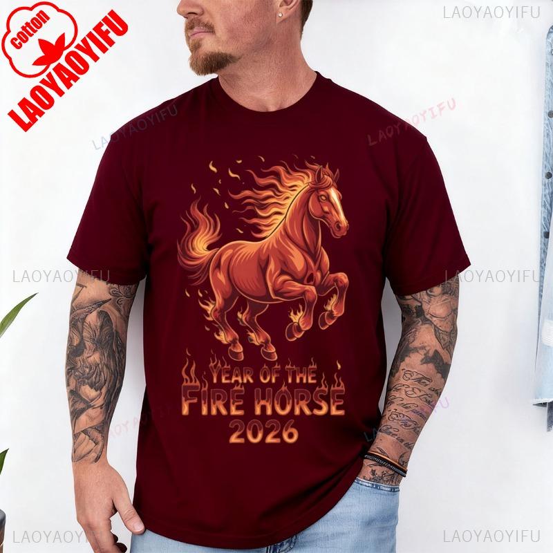 Jahr des Feuerpferdes 2026 Tierkreis Chinesisches Neujahr 2026 Rundhals Kurzarm Baumwoll Oberteil Alle Jahreszeiten Lässig Mode Weiche T-Shirts