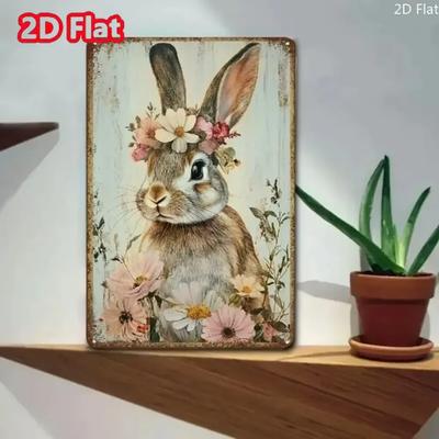 Bar Tin Painting BUNNYBLOSSOM Vintage Bunny with Floral Wreath Metal Tin Sign - Rustic Iron Wall Art for Home