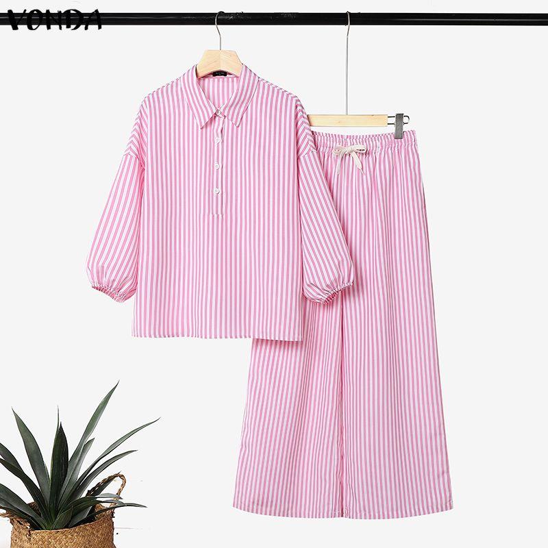 VONDA Womens Casual Striped Two Piece Outfits Long Sleeve Buttons Shirt and Drawstring Wide Leg Pants Loungewear Sets
