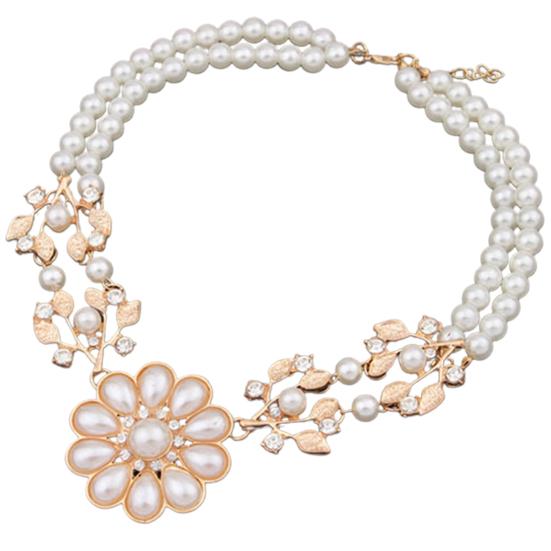 Double-Layer Flower Pendant Faux Pearl Elegant Chain Necklace for Dating
