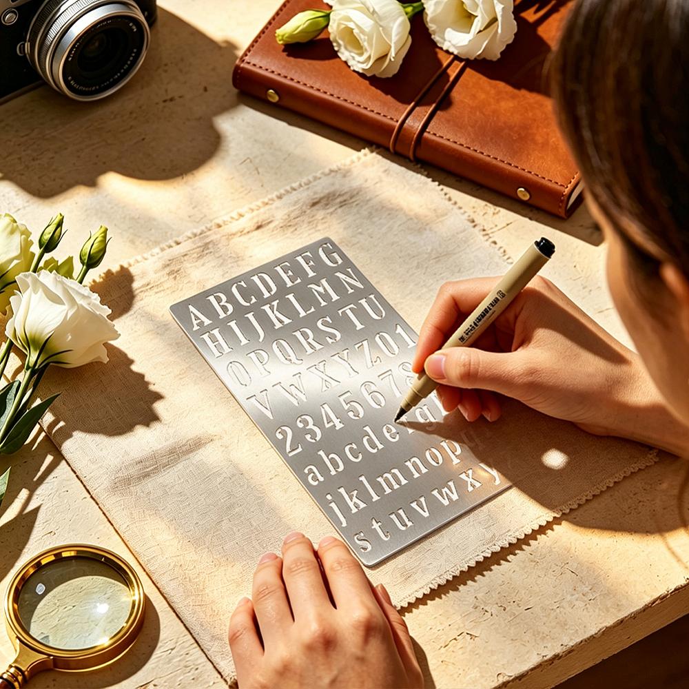 2Pcs 2 Styles Alphabet 304 Stainless Steel Hollow Out Drawing Painting Stencils for DIY Scrapbook Photo Album Stainless Steel Color Letter A~Z