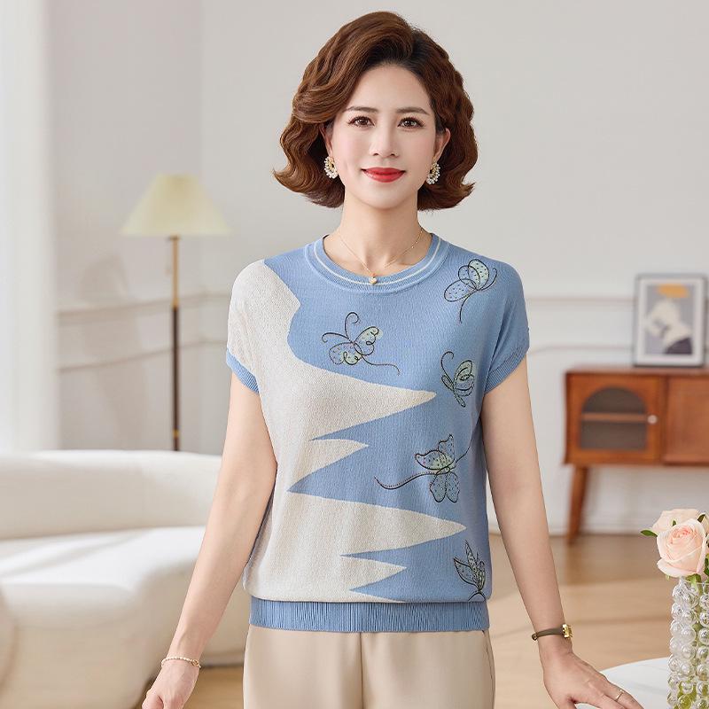 Women's Summer Ice Silk Short-Sleeve Knit Top - Loose Fit, Round Neck for Middle-Aged and Older