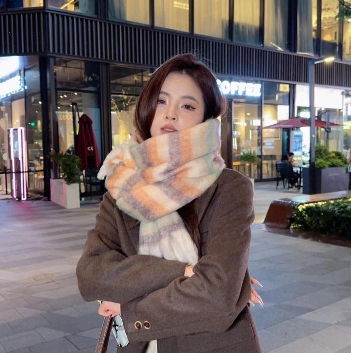 Mohair plaid scarf women's winter sea salt milk coffee blue thickened atmosphere warm student shawl scarf