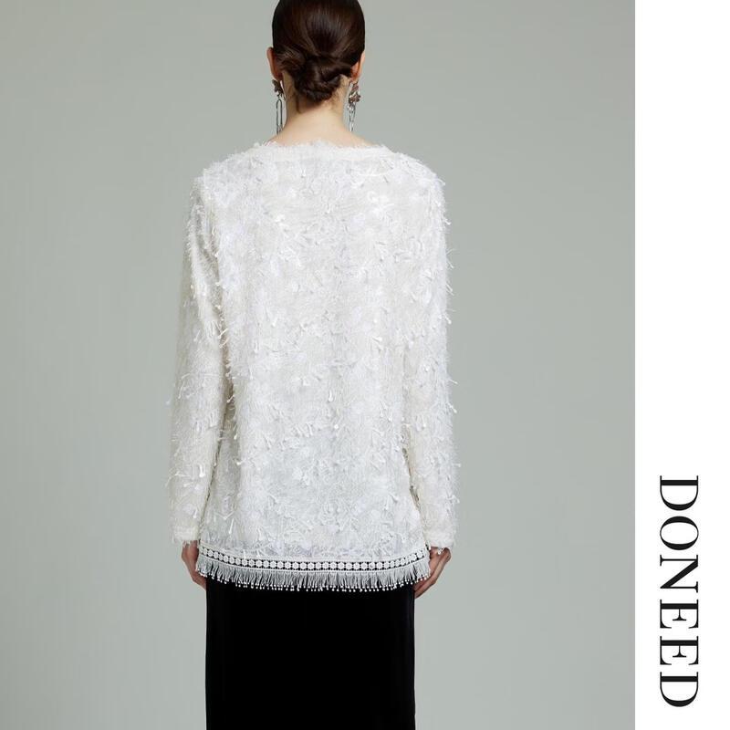 DONEED Elegant V-Neck Sequin Tassel Long-Sleeve Knit Sweater