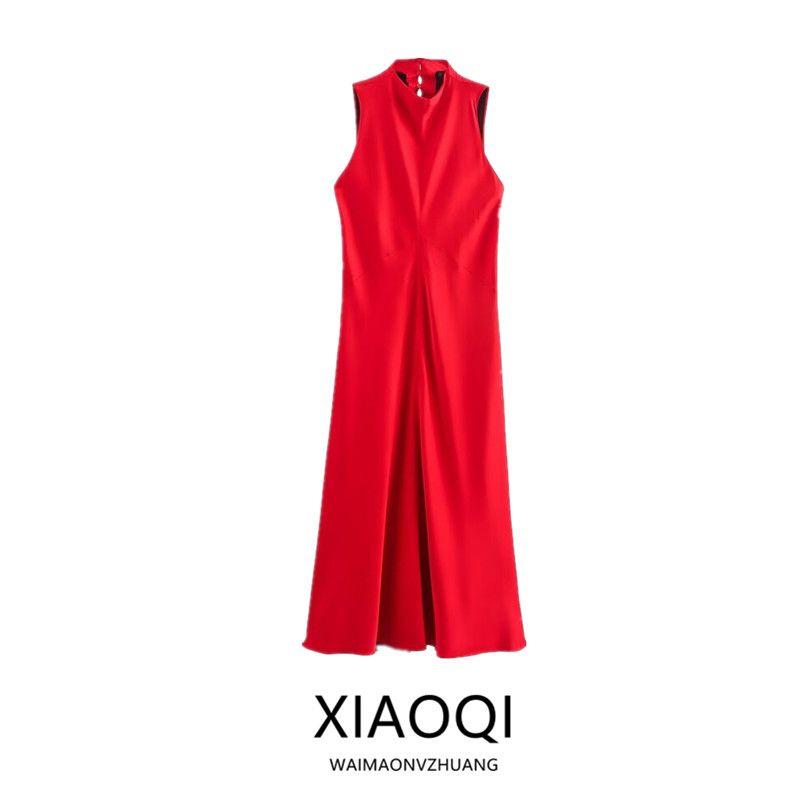 Western Style 2024 Autumn and Winter New Women clothes Elegant Silk Satin Texture Sleeveless round Neck Dress 9165965