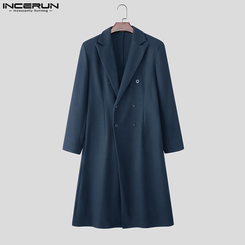 INCERUN Winter Autumn Men Double-breasted Long Sleeve Thin Woolen Long Overcoat Coats