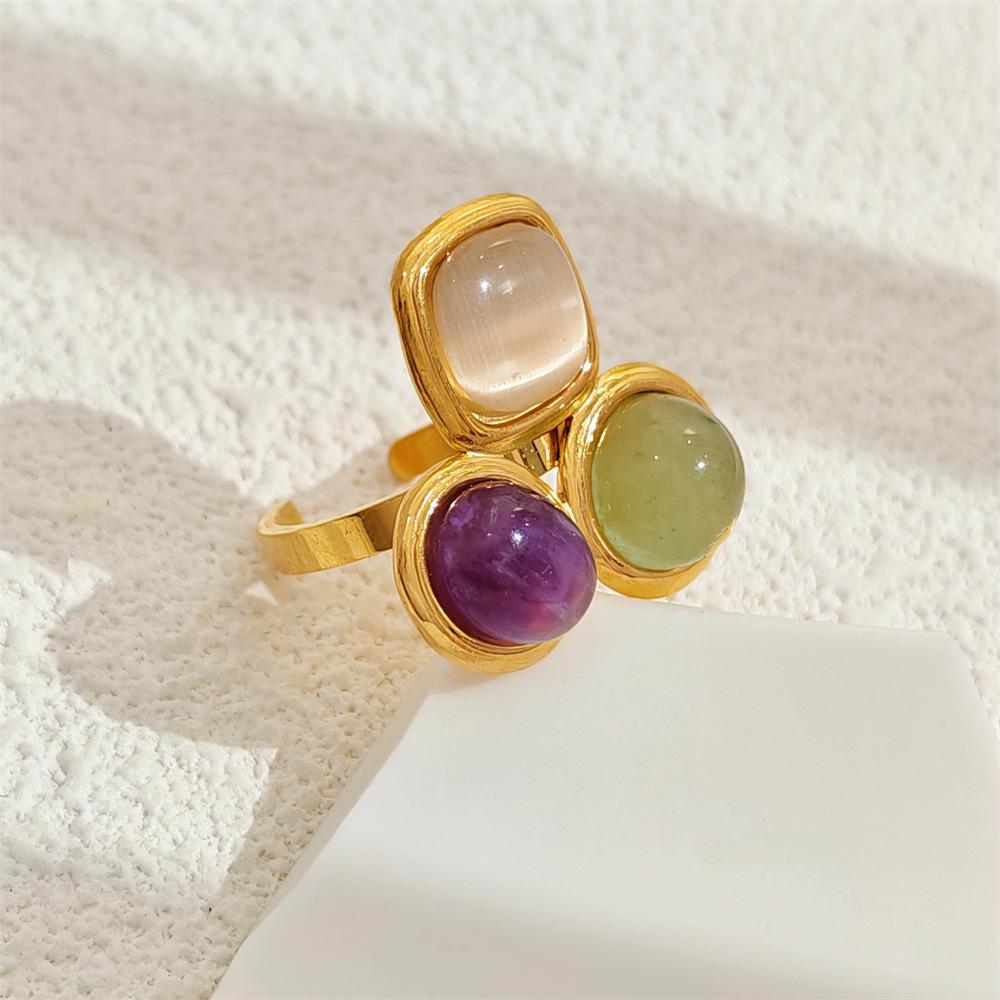 Adjustable Tricolor Stone Stainless Steel Ring - Simple and Fashionable Design for Women