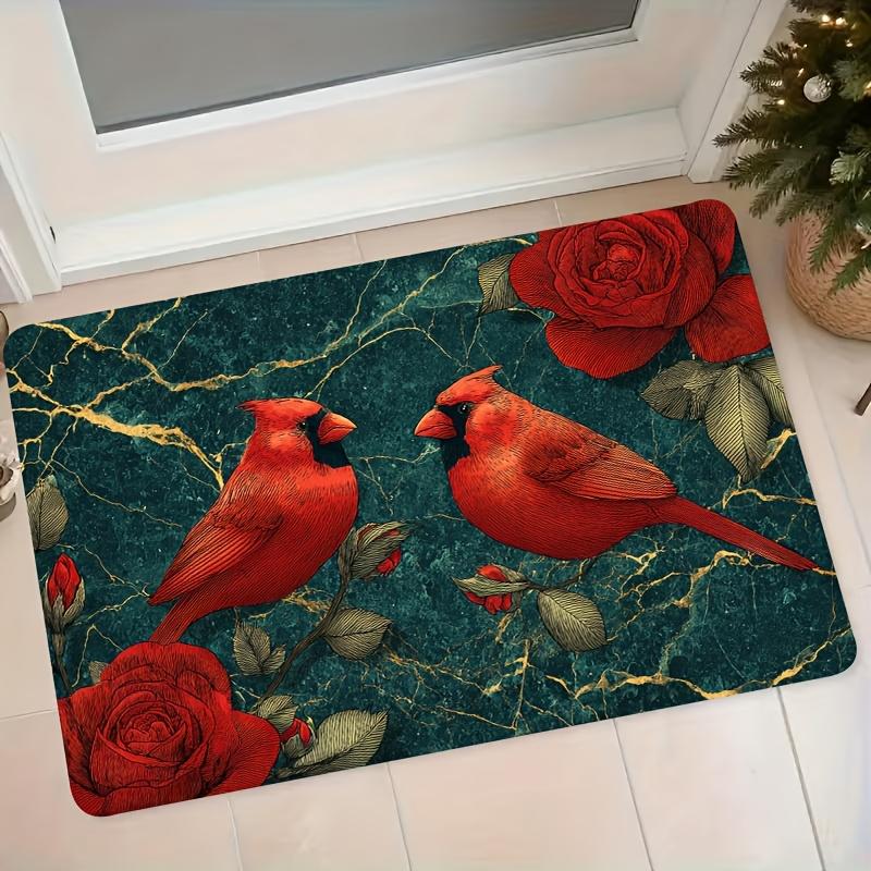 1pc Flannel Mat, Red Cardinal Red Rose Dark Green Marble Pattern Home Entrance Door Mat Bathroom Non-Slip Foot Mat, Entryway Bedroom Door Mat