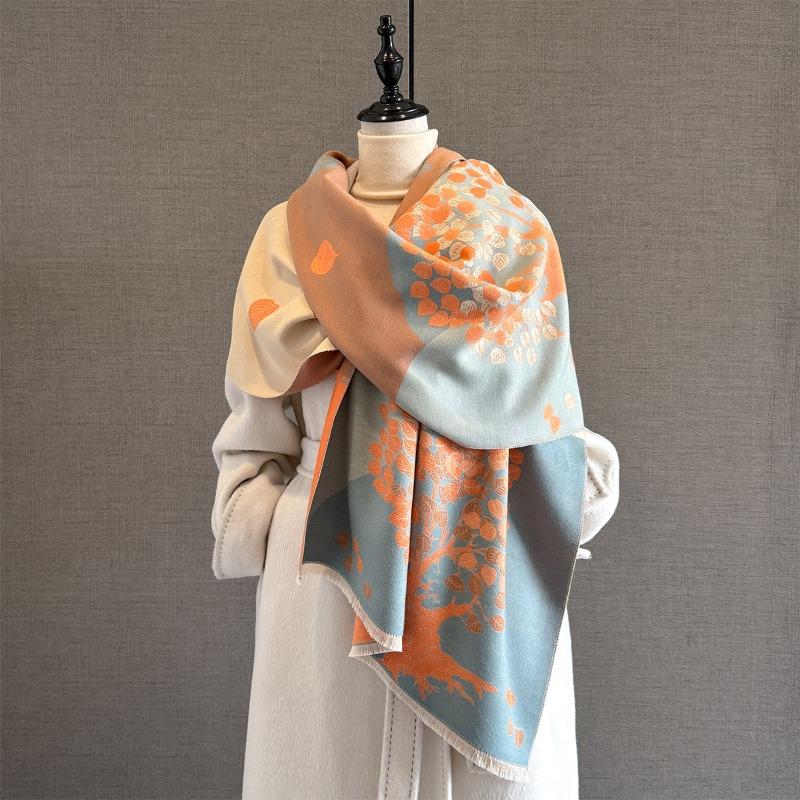 Autumn and winter retro style deciduous tree jacquard scarf women's warm imitation cashmere cold versatile scarf shawl