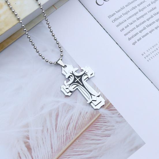 2Pcs Men Fashion Rhinestones Inlaid Jesus Cross Pendant Chain Necklace Gift