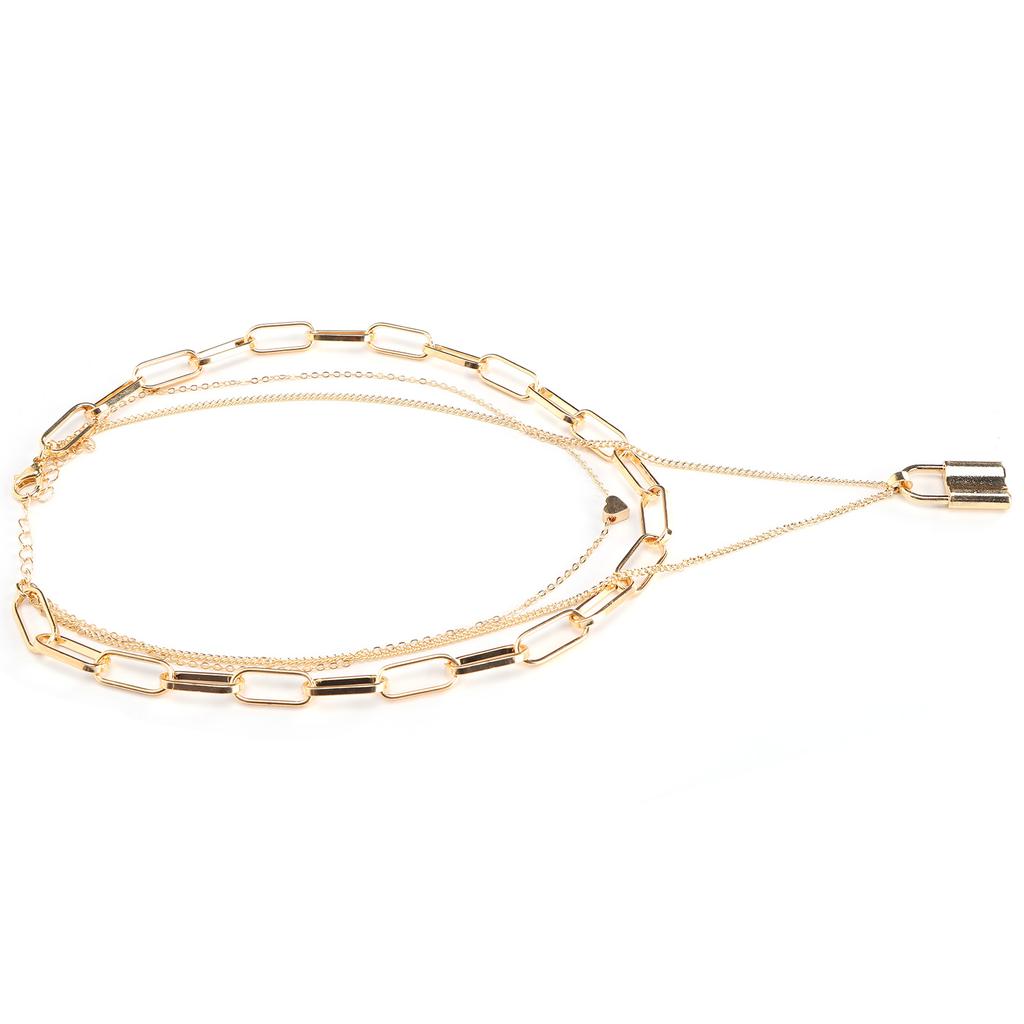 Women Simple Layered Necklace Lock Heart Shaped Pendant Necklace Jewelry Accessory(Golden )