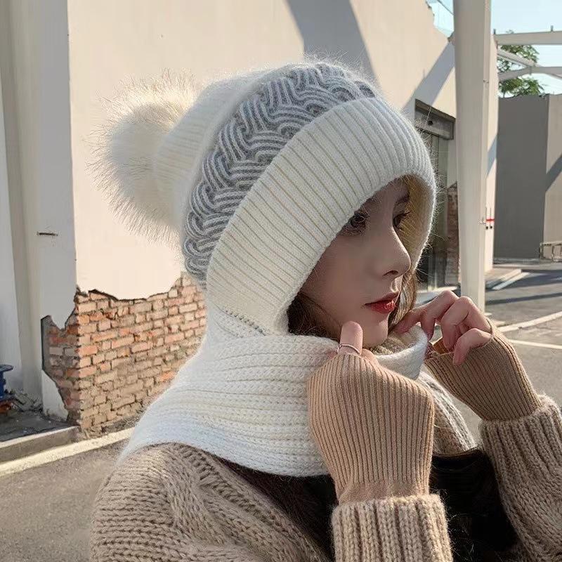 Autumn and winter knitted hat women's velvet thickened cold protection ear protection neck cycling mother hat wool hat scarf integrated hat
