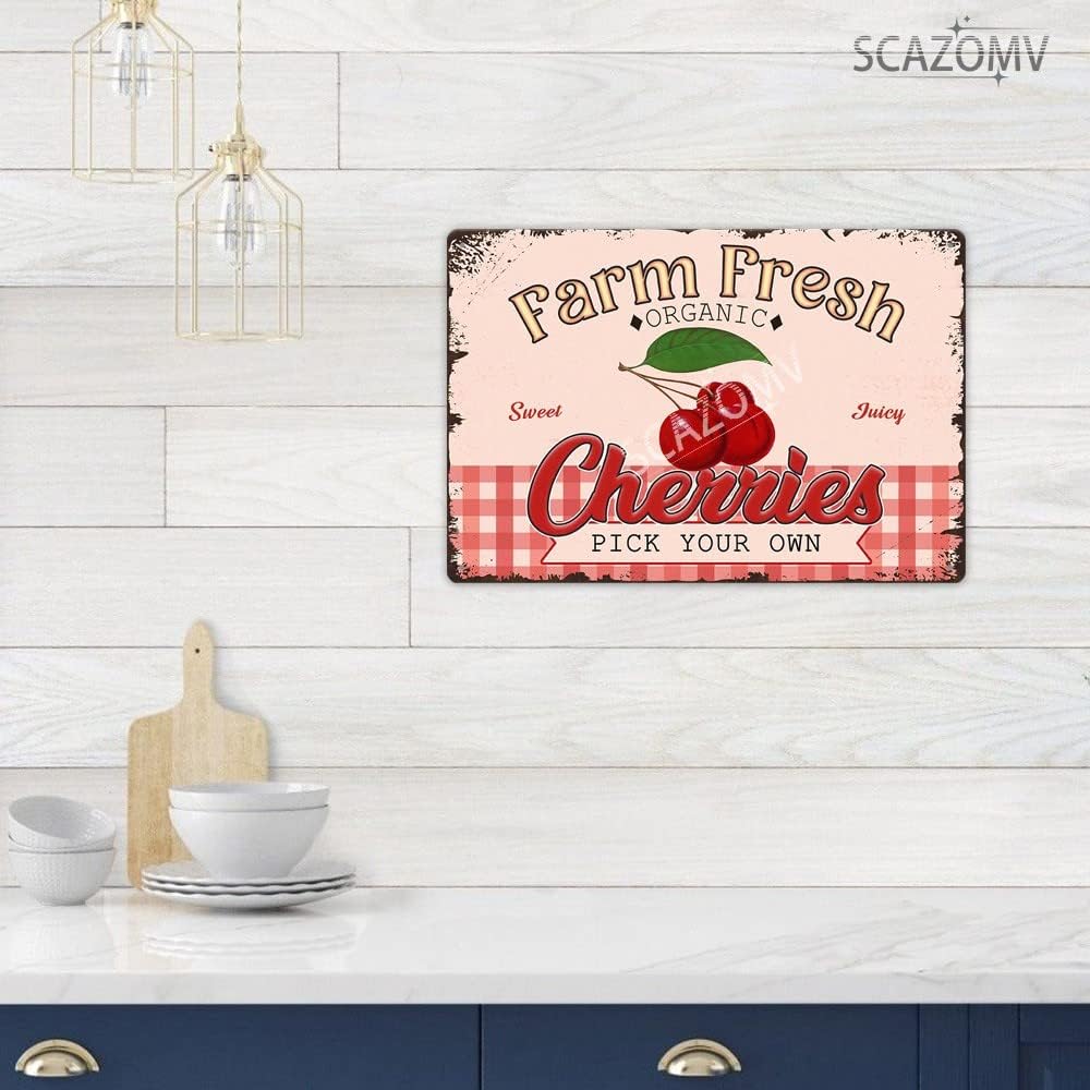 Farm Fresh Sweet Juicy Cherries Vintage Metal Tin Sign, Retro Fruit Poster Decorative Wall Art Signage, Farmhouse Country Market Kitchen Bar Home
