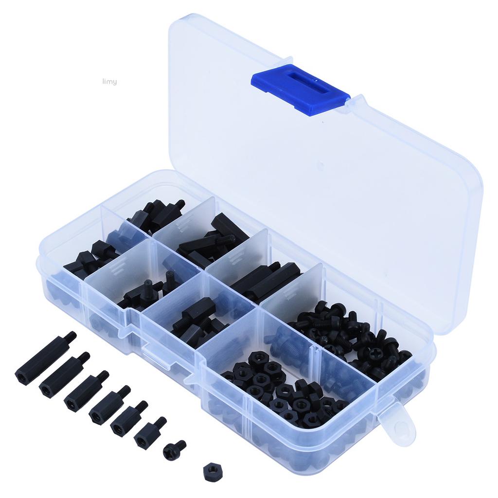 260 Pcs M3 Black Nylon Standoff Spacer Hex Screw Nut M-F Assortment Kit Box Set 260 Pcs M3 Black Nylon Standoff Spacer Hex Screw Nut M-F Assortment Kit Box Set