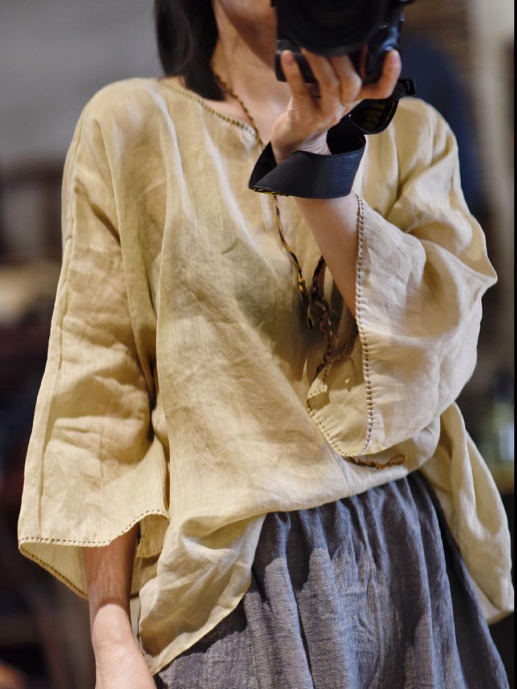 

Жіночі однотонні футболки Johnature Вінтажні літні вільні жіночі футболки з сімома рукавами Рамі високої якості One Size бежевий