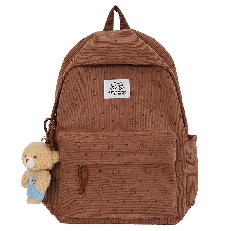 Schoolbag New Casual Double Backpack Corduroy Printed Backpack Middle School School Bag Bear Doll Pendant Backpack