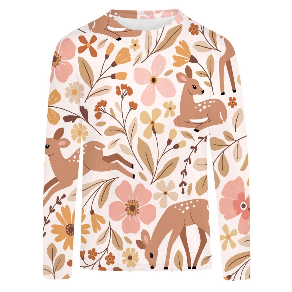 Spring and Autumn Cartoon Cute Sika Deer Pattern 3D Printed Top for Women's Casual Long Sleeve T-shirts