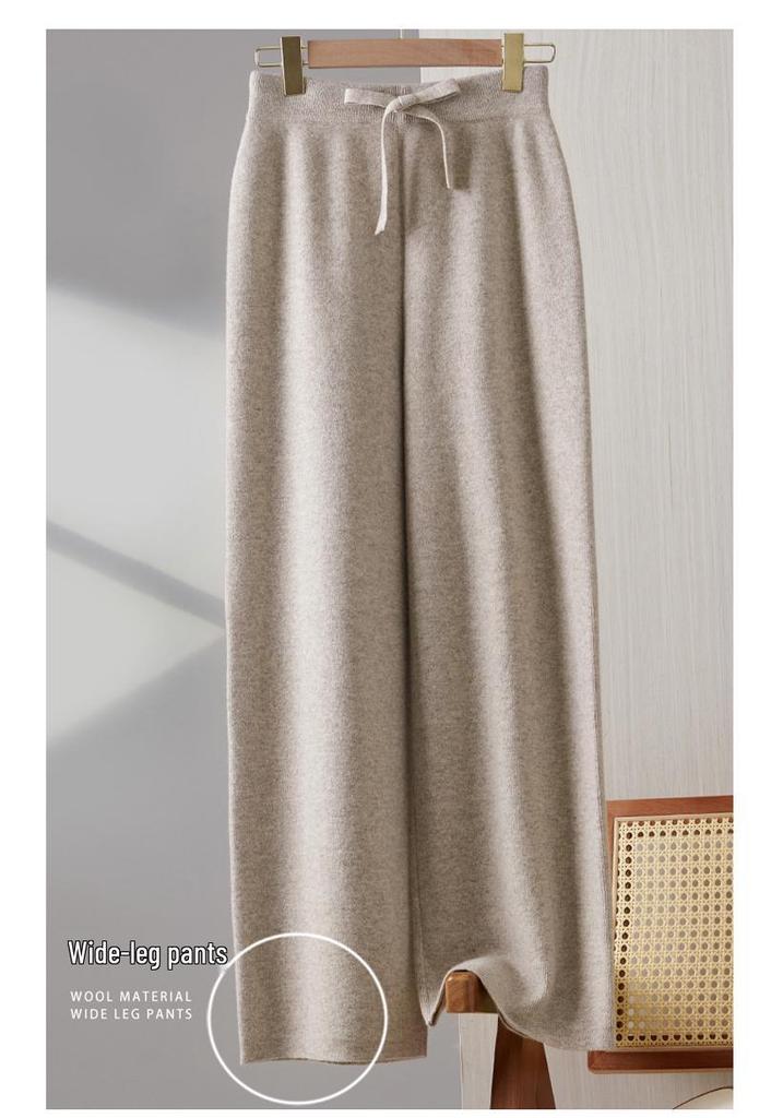 Women's 100% Wool Wide-Leg Knit Pants, Floor-Length, High-Waisted, Slimming, Casual Loose Fit for Autumn and Winter