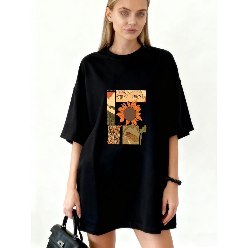 Oversized T Shirt Black Sunflower And Eyes Art Print Graphic Tee For Casual Wear