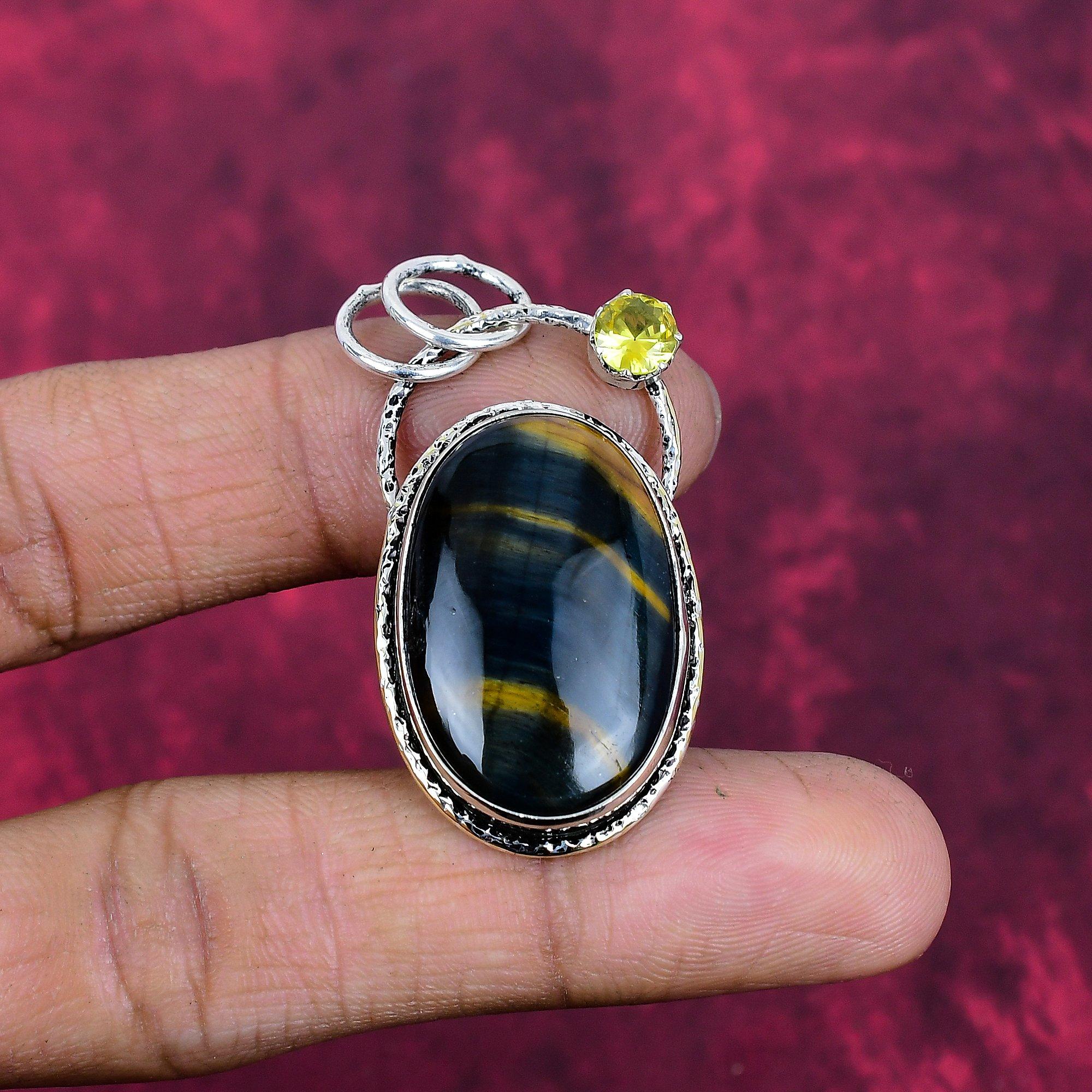 

Blue Tiger Eye & Citrine Pendant, 925 Sterling Silver Pendant Jewelry. Gift For Women Handmade Pendant Gemstone Jewelry 1.96 Inches