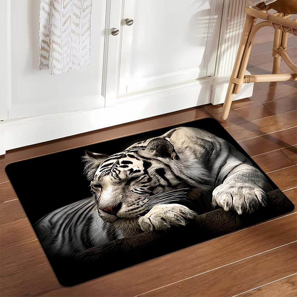 White Tiger Print Rug Decoration,Carpet,Living Room,Bedroom, Non-slip,Square rug