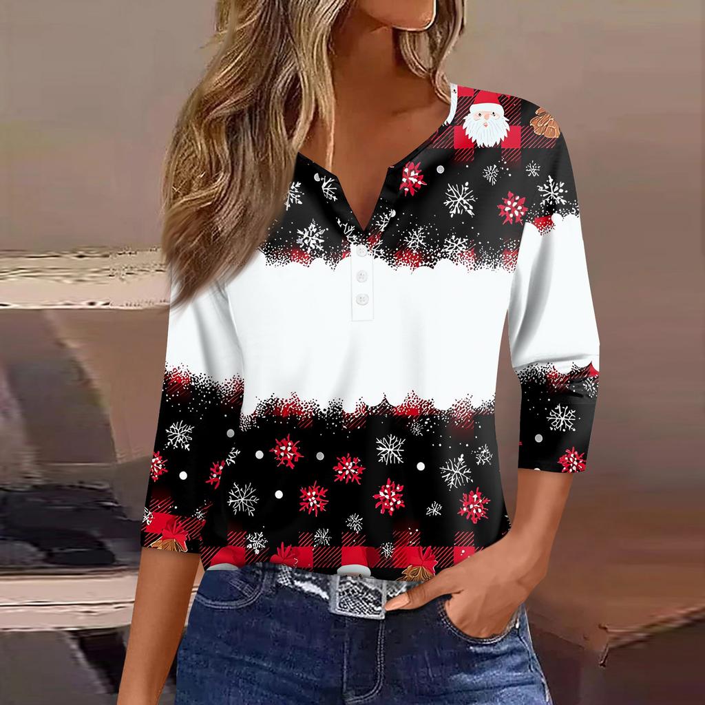 Women's T Shirt Tee Christmas Printed Button 3/4 Sleeve Tunic Daily Weekend Fashion Basic V- Neck Regular Top
