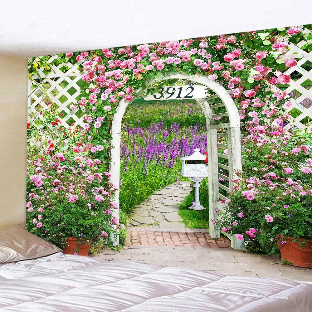 Tapestry Aesthetics Spring Flower Fence  Pink Rose Plant  Wall Garden Window Natural Scenery Home Decoration