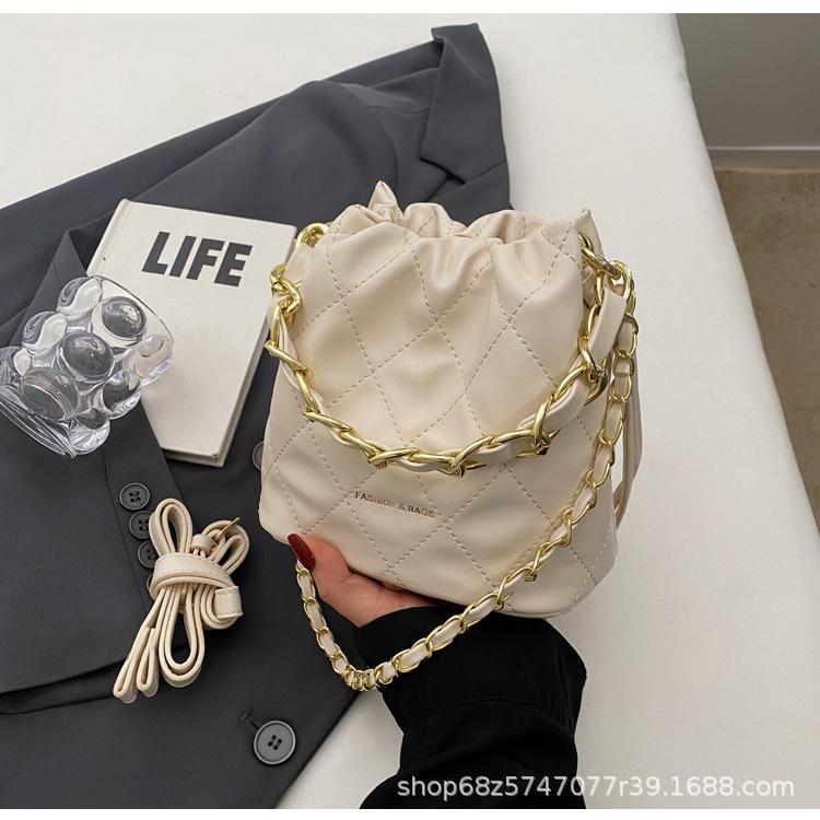 Rhombus Bucket Bag Drawstring Closing Chain Pu Shoulder Messenger Bag Ins French Light Luxury Women's Bag