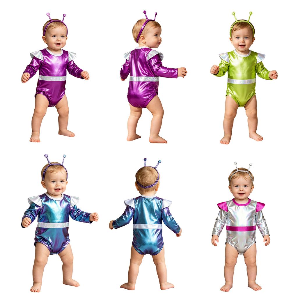 Baby Girls Color Block Alien Outfit Long Sleeve Press Button Crotch Metallic Romper Photography Costume