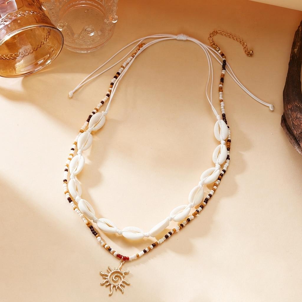 Boho Layered Sun Pendant Necklace For Women Seashell Silk Scarf Colorful Rice Beads Choker Summer Beach Vacation Jewelry Gifts