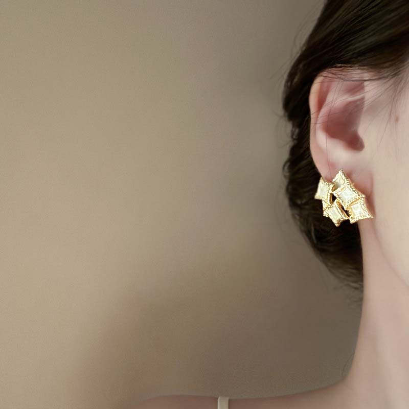 Vintage Black Drip oil Double Layer Square Stud Earrings For Women Fashion Metal Irregular Geometric Earring Zircon Accessories