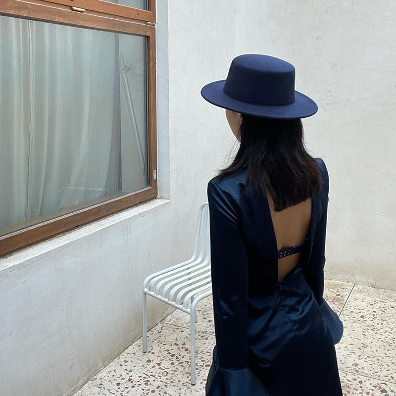 Flat top woolen hat women autumn and winter French retro casual wide brim Internet celebrity new British celebrity top hat